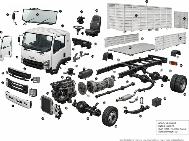 Exploded technical drawing of an Isuzu FRR cab-chassis truck, with 44 numbered assemblies laid out around the vehicle: cab, windshield, doors and bumper at the left; the 4HK1-TC engine, radiator, clutch, transmission and propeller shaft through the centre; ladder frame, axles, leaf springs, wheels and exhaust below; and the cargo body, side panels, floor and rear gate at the right. Every numbered item is listed in text beneath the drawing.