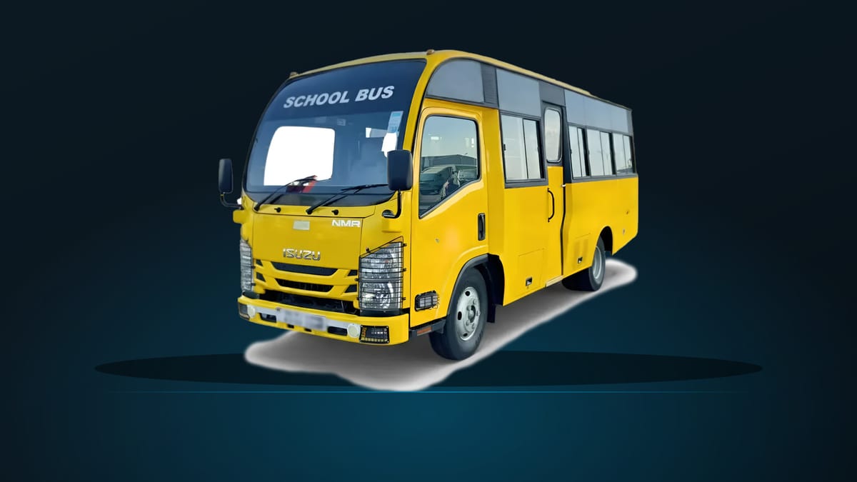 Isuzu NMR85H Bus, 26 seats in yellow school livery, front three-quarter view on a dark studio ground.