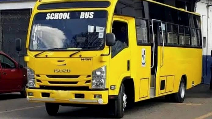 Isuzu NQR81M Cowl bodied as a 33-seat school bus in yellow, front three-quarter view, with the passenger door behind the front axle.